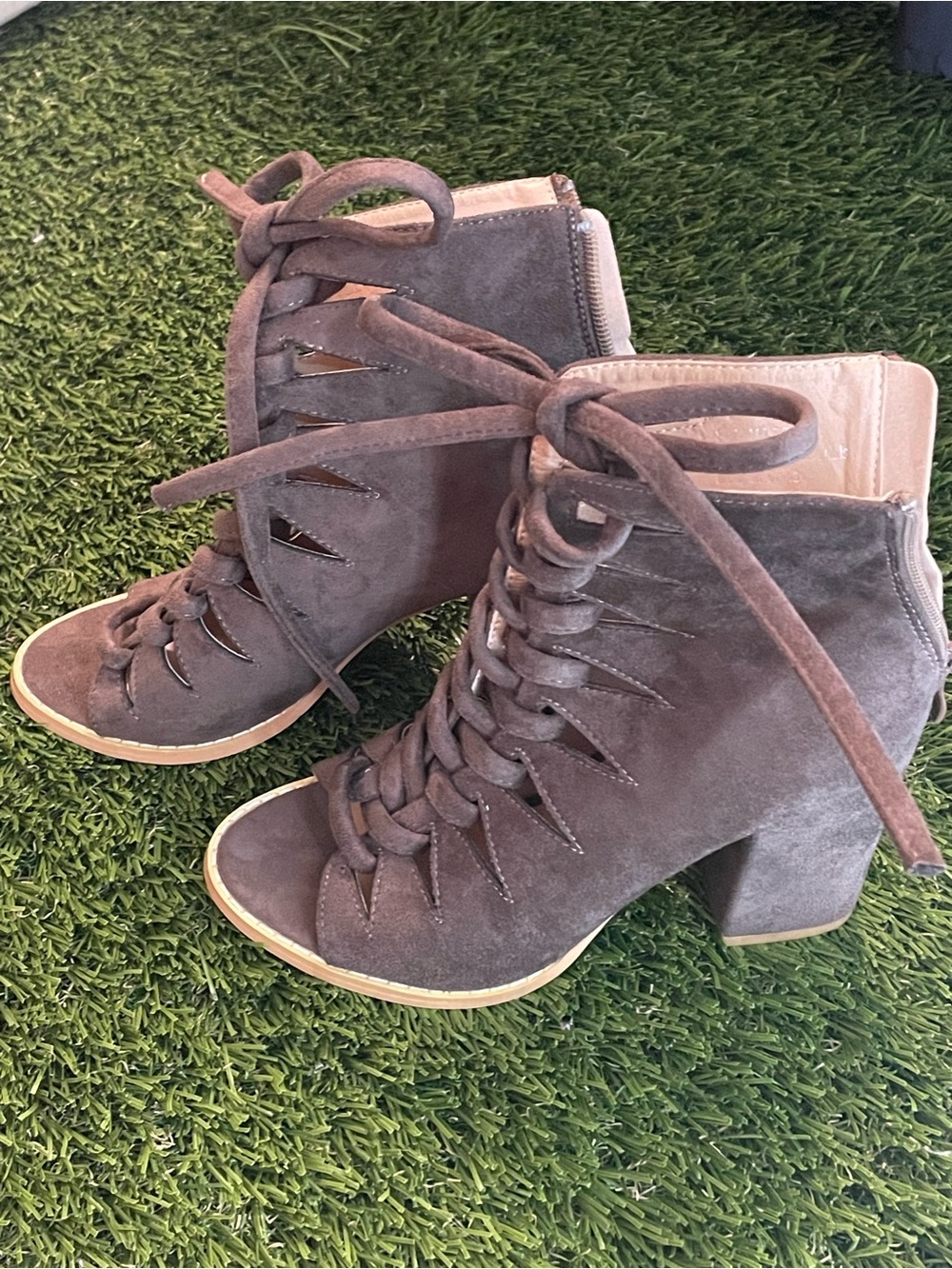 Women's Lace-Up Suede Brown Heel Booties